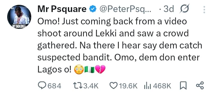Tweet from Peter of Psquare that other Nigerian Artists should see