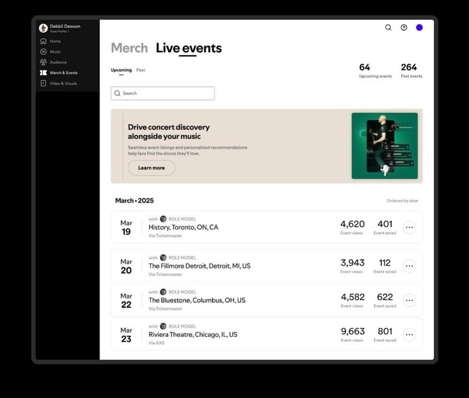 New Live Events Page in Spotify for Artists